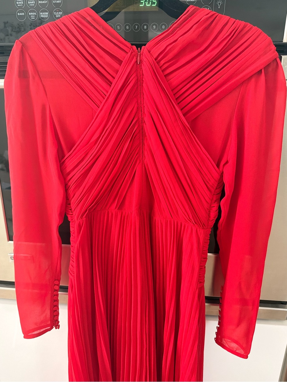 Self-Portrait Red Pleated & Ruched Long Sleeve Midi Dress - Picture 4 of 4
